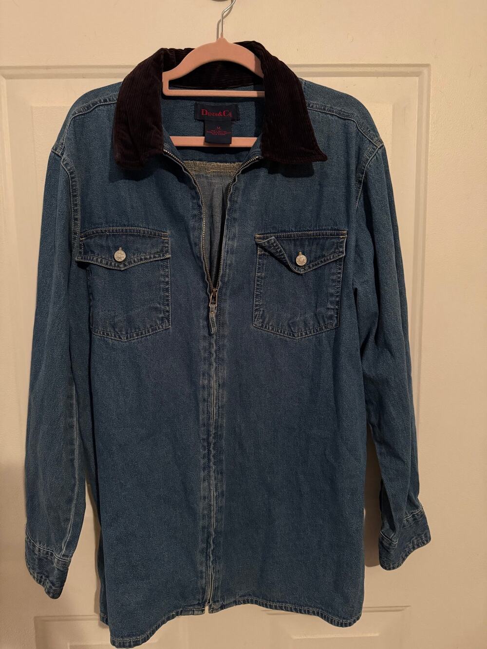 Denim & Co Denim Jacket Womens M Blue Black Corduroy Collar Zip Front